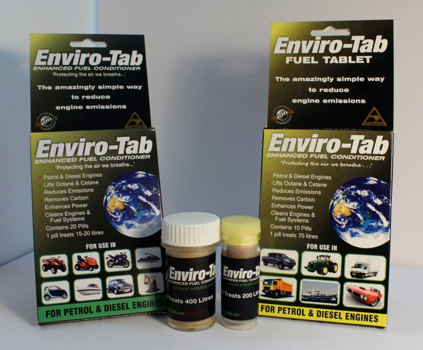 Enviro-Tab product range: 10-tablet and 20-tablet packs, and 200-litre and 400-litre bulk treatment containers